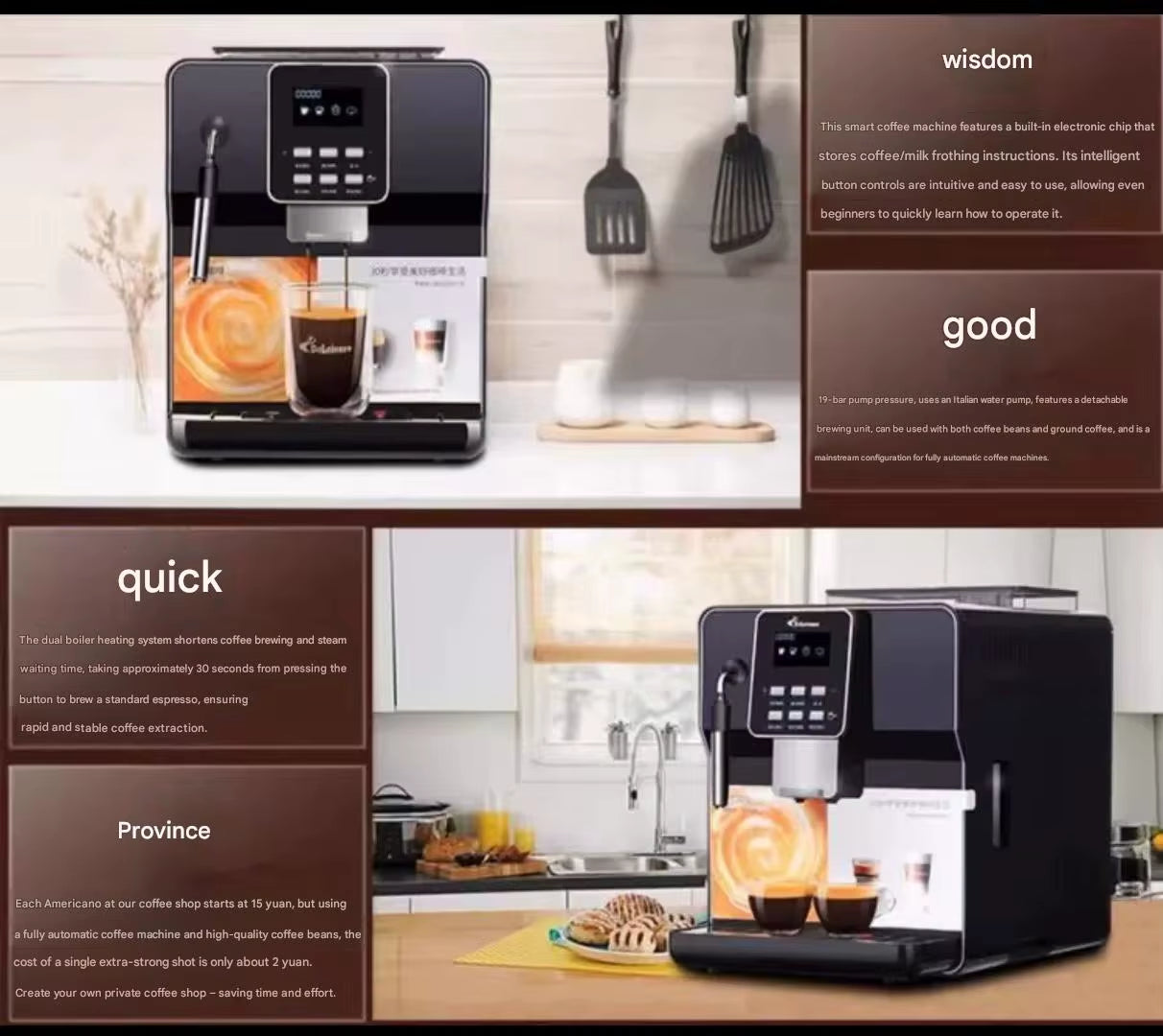 Energy Saving 20 Oz Household Espresso Coffee Vending Machine Semi-Automatic Large Capacity Freshly Ground Brushed Stainless 40