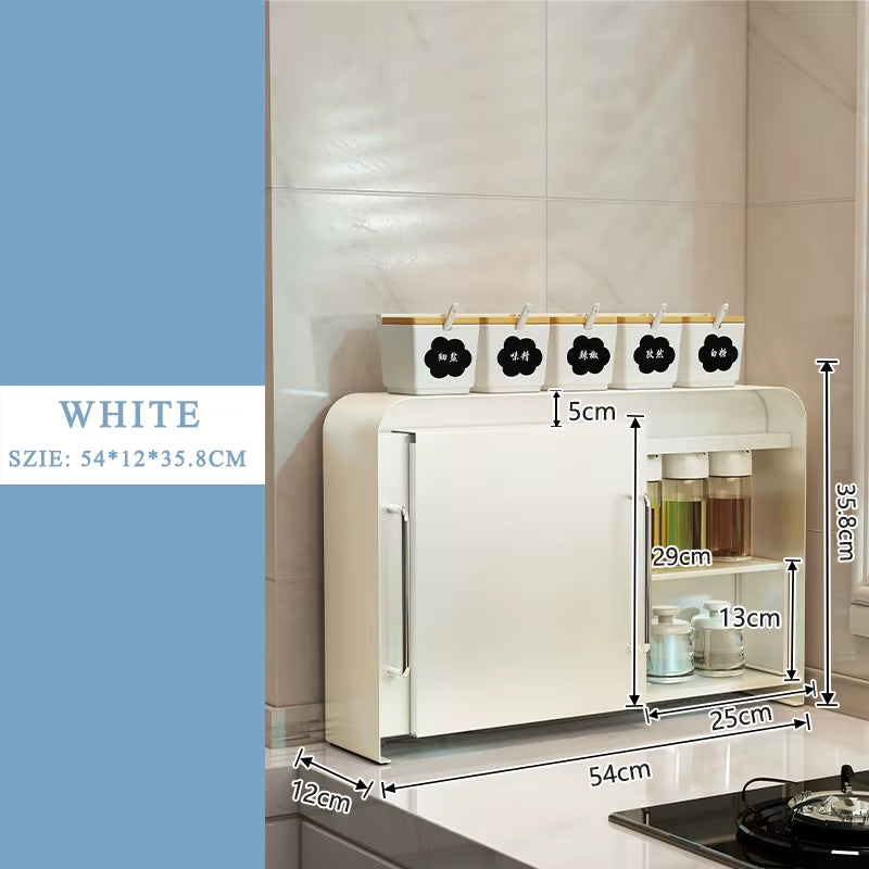 Double-Layer Metal Kitchen Organizer Rack for Tableware and Spices with Side Pull Door Storage