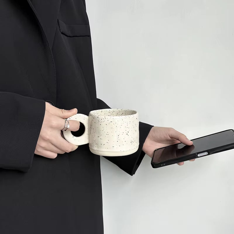 Bloomsip Nordic Speckled Ceramic Funny Coffee Cups Ring Handle Ink Dot Porcelain Food Grade Mug Wholesale Custom Logo Aesthetic