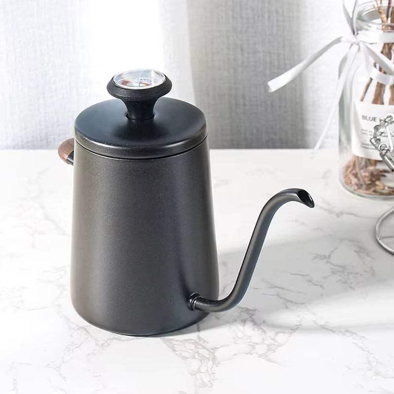 350Ml Short Wooden Handle Double Wall Stainless Steel Coffee Kettle with Thermometer Pour over Gooseneck Kettle Coffee Kettle