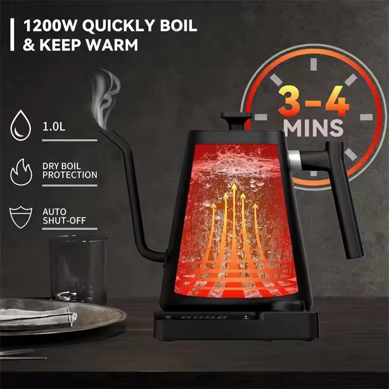 304 Stainless Steel 0.9L Black Digital Smart Pour over Coffee Tea 360 Degree Rotational Base Electric Gooseneck Kettle