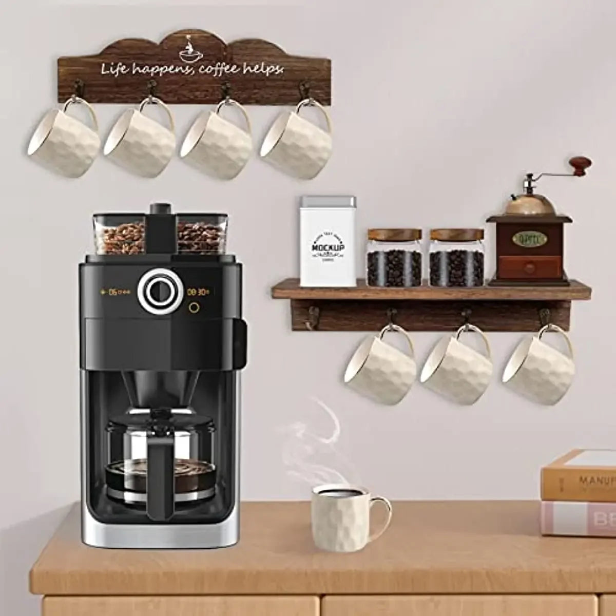 Set of 2 Farmhouse-Style Coffee Mug Holders for Kitchen Wall - Organizer and Display Solution for Coffee Stations and Office Decor