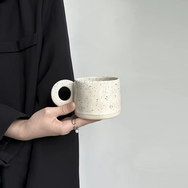 Bloomsip Nordic Speckled Ceramic Funny Coffee Cups Ring Handle Ink Dot Porcelain Food Grade Mug Wholesale Custom Logo Aesthetic
