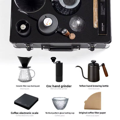 Premium Hand Pour Over Coffee Maker Set with Grinder and Portable Aluminum Travel Case - Minimalist Design