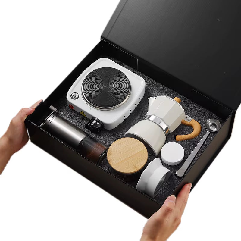 High-Grade Moka Pot Hand Coffee Maker with Double Valve Manual Power Source Gift for Coffee Lovers Coffee Bean Grinder