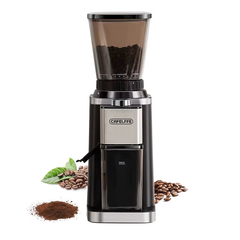 CAFELFFE Electric Coffee Grinder with Strainer Container, 48 Adjustable Grinding Settings, Antistatic Function, Durable Plastic and Metal Construction