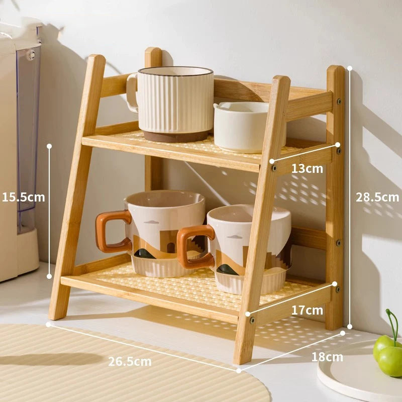2-Tier Bamboo Countertop Organizer for Coffee Cups - Elegant Storage Solution for Hospitality, Residential, and Culinary Spaces