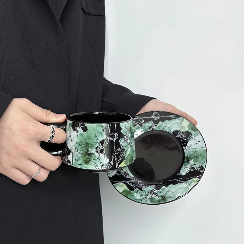 Bloomsip Vintage Green Floral Porcelain Food Grade Coffee Cup Saucer Set Botanical Pattern Black Tea Wholesale Custom Logo OEM