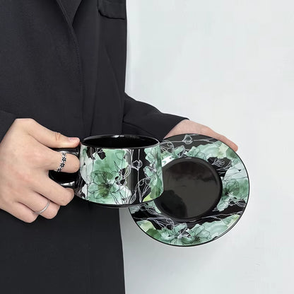 Bloomsip Vintage Green Floral Porcelain Food Grade Coffee Cup Saucer Set Botanical Pattern Black Tea Wholesale Custom Logo OEM