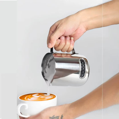 Stainless Steel Milk Frothing Pitcher with Precision Spout - Professional Grade Measuring Cup for Coffee Art