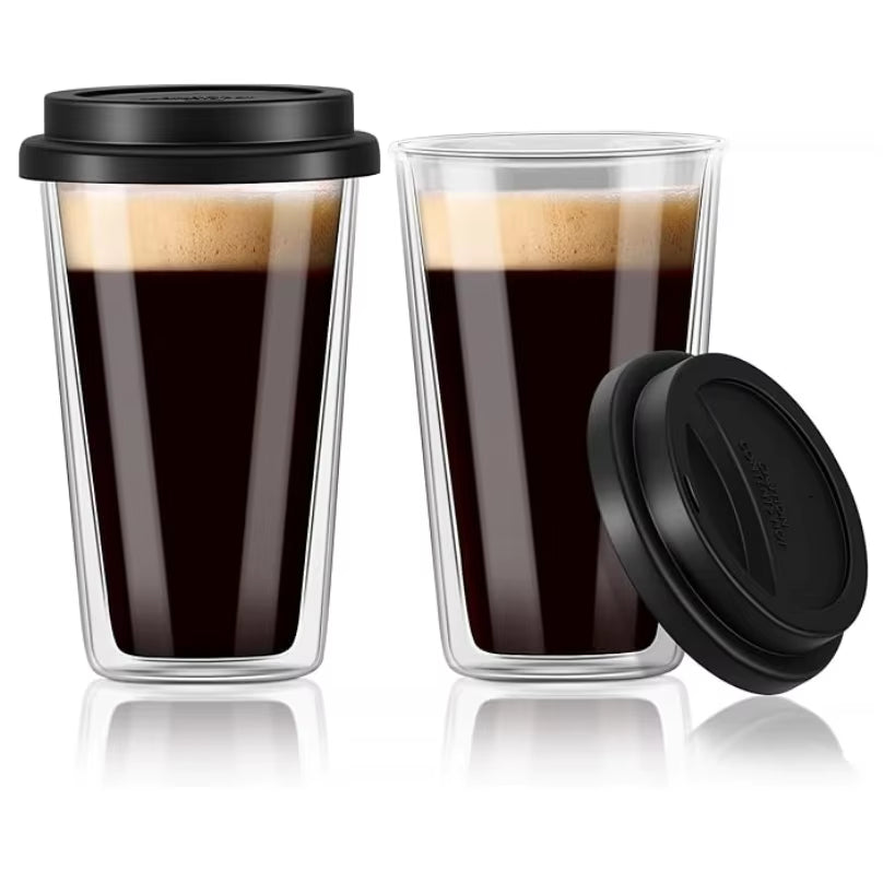 Double Wall Heat-Resistant Glass Coffee Cup with Black Silicone Leak-Proof Lid, Ideal for Car Cup Holders