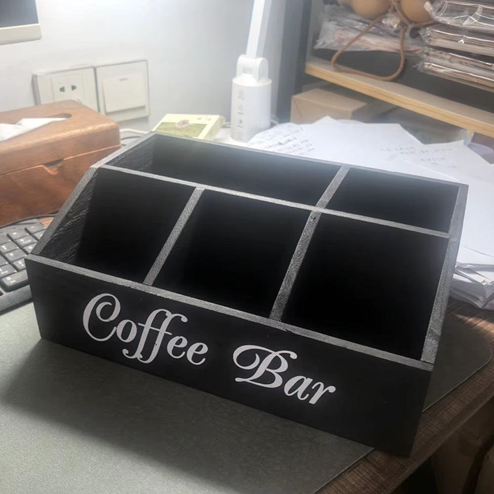 Modern Minimalist Wooden Coffee Cup and Teabag Storage Box with Dividers for Office Desktop Organization