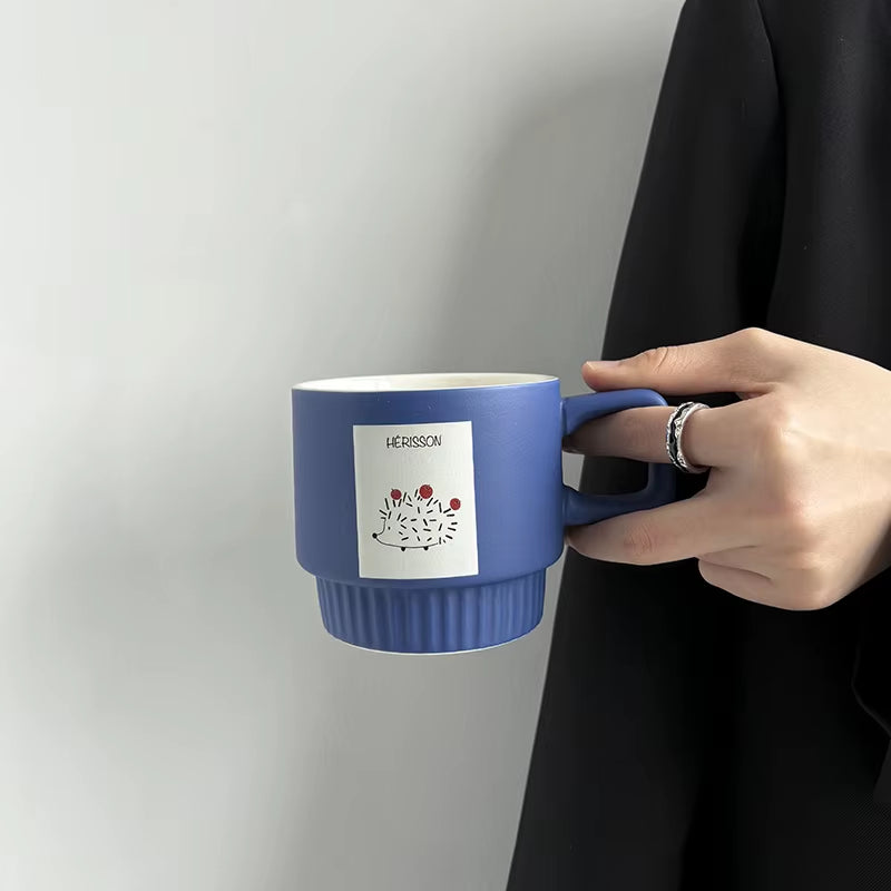 Wholesale Blue Hedgehog Ceramic Coffee Cups Ribbed Base Square Handle Porcelain Food Grade Mugs OEM Custom Logo Bulk Order Gift