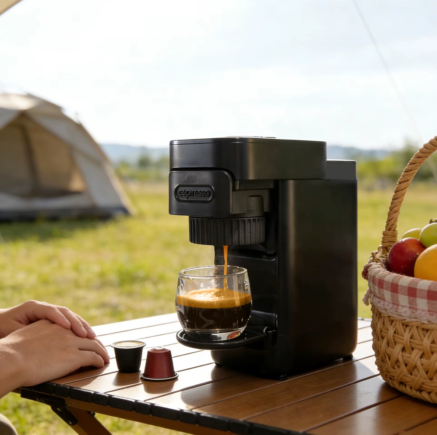 4-in-1 Portable Foldable Wireless Espresso Machine for Capsule and Ground Coffee - Ideal for Outdoor Camping and Travel