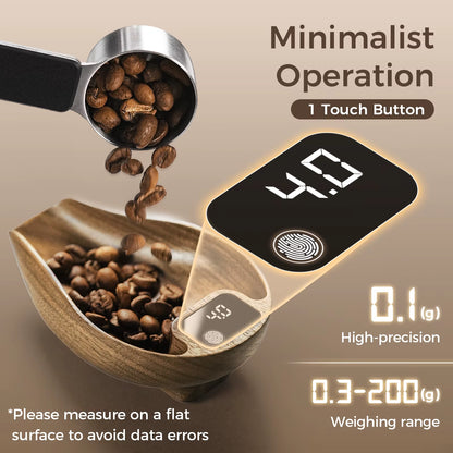 Rechargeable Digital Coffee Scale with 0.3G Precision and Wooden Finish, Includes Spray Bottle Barista Tool