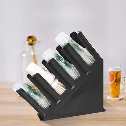 WOOJACK 4-Grid Slanted Cup Holder for Countertops - Versatile Dispenser and Lid Storage Rack for Coffee, Milk, and Tea Shops, Suitable for Home and Commercial Use