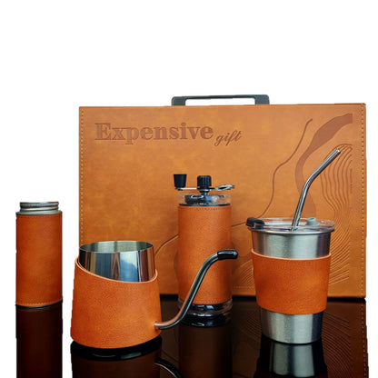 Vintage Style Coffee Grinder Gift Set Hand Drip Moka Pot Outdoor Travel Coffee Cup 304 Stainless Steel Customizable Gift Box