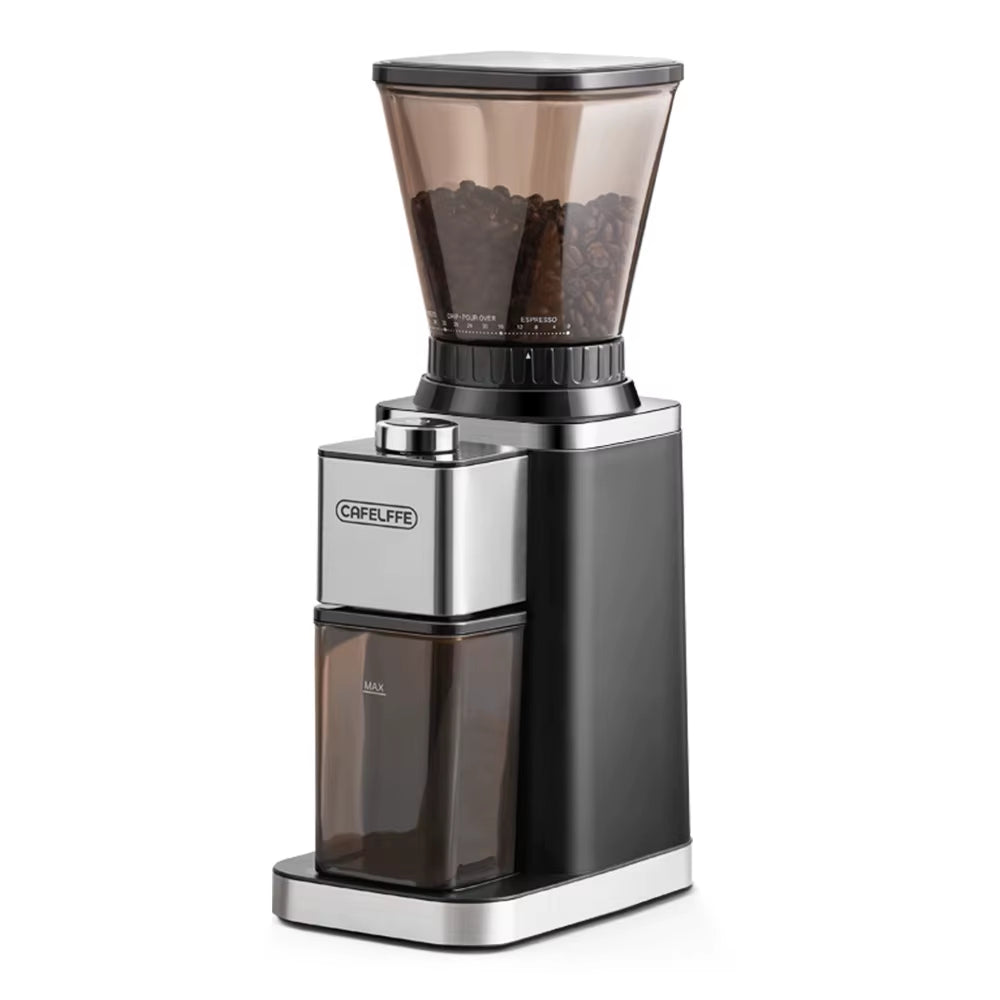 CAFELFFE Electric Coffee Grinder with Strainer Container, 48 Adjustable Grinding Settings, Antistatic Function, Durable Plastic and Metal Construction