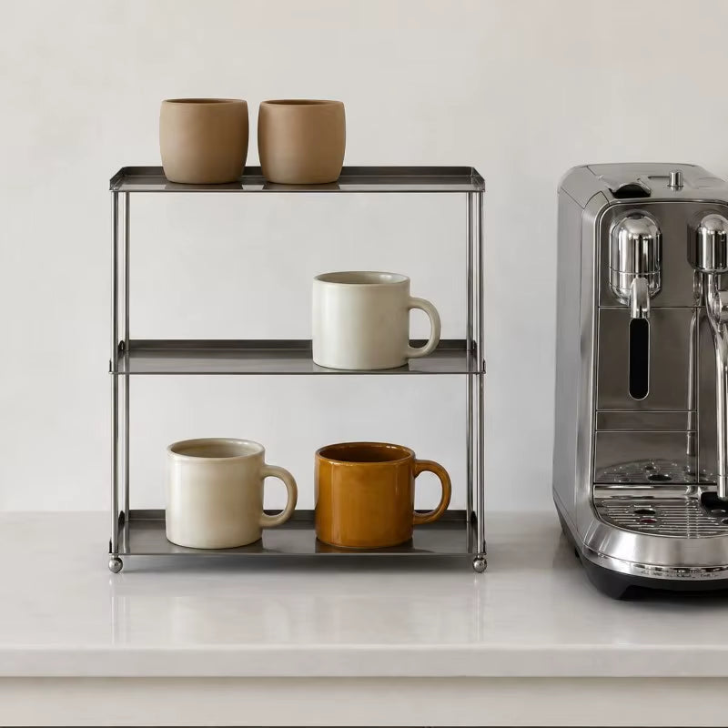 Contemporary Stainless Steel 3-Tier Coffee Mug Rack - Durable Countertop Cup Storage Shelf for Kitchen and Coffee Bar (38x14x33 cm)