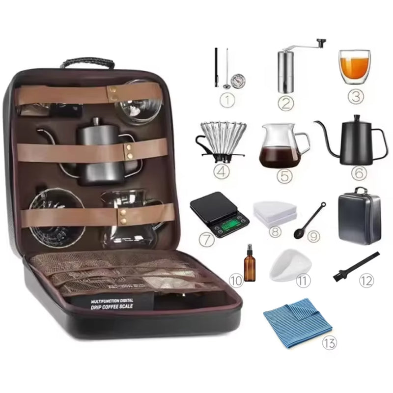 600 Ml OEM 11-13 Piece Coffee Kit Pour over Set Kettle Digital Scale Glass Server Manual Grinder Travel Coffee Set for Gift