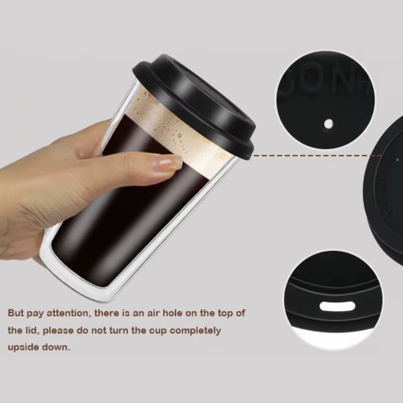 Double Wall Heat-Resistant Glass Coffee Cup with Black Silicone Leak-Proof Lid, Ideal for Car Cup Holders