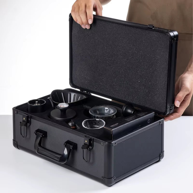 Premium Hand Pour Over Coffee Maker Set with Grinder and Portable Aluminum Travel Case - Minimalist Design