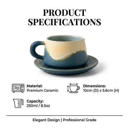 Bloomsip Nordic Porcelain 250ml Coffee Mug and Saucer Set with Blue Reactive Glaze - Food Grade Espresso and Tea Supplies, Wholesale