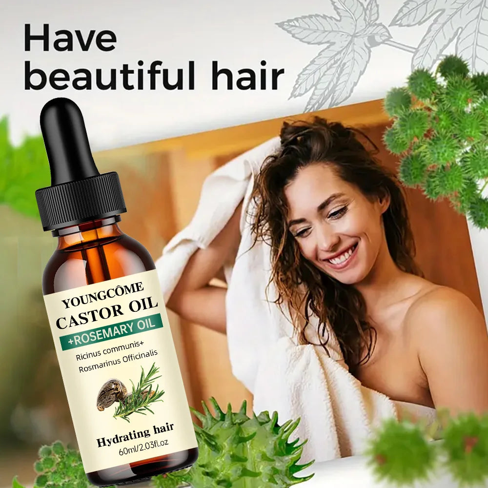 Castor Oil and Rosemary Oil Blend for Improved Hair Growth, Thickness, and Luster - Minimizes Hair Loss and Split Ends