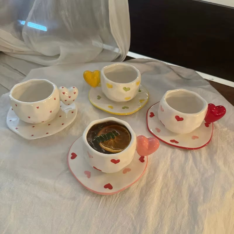 Ins Korean Style Hand-Painted Irregular Ceramic Coffee Cup Heart Shape Handle Latte Cup High-Value Breakfast Cupcake Tool