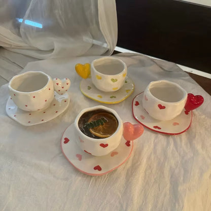 Ins Korean Style Hand-Painted Irregular Ceramic Coffee Cup Heart Shape Handle Latte Cup High-Value Breakfast Cupcake Tool