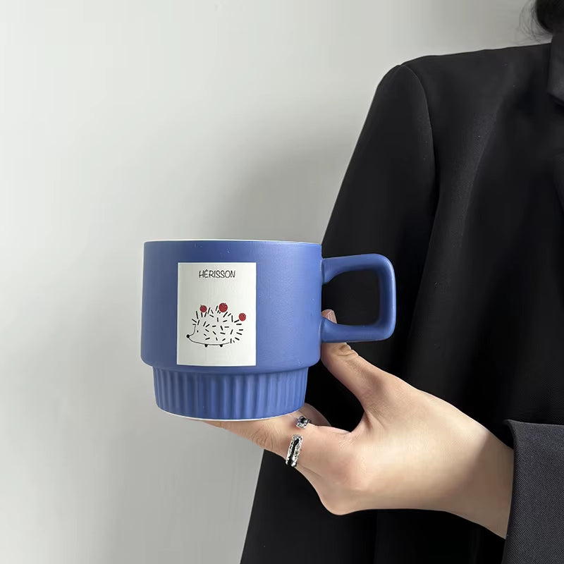 Wholesale Blue Hedgehog Ceramic Coffee Cups Ribbed Base Square Handle Porcelain Food Grade Mugs OEM Custom Logo Bulk Order Gift