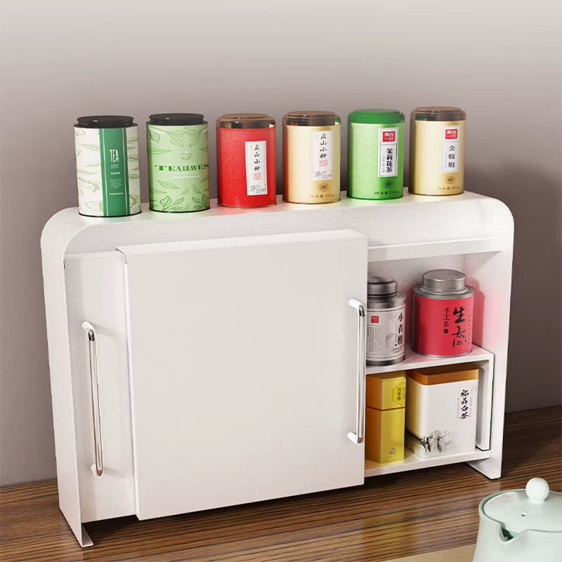 Double-Layer Metal Kitchen Organizer Rack for Tableware and Spices with Side Pull Door Storage
