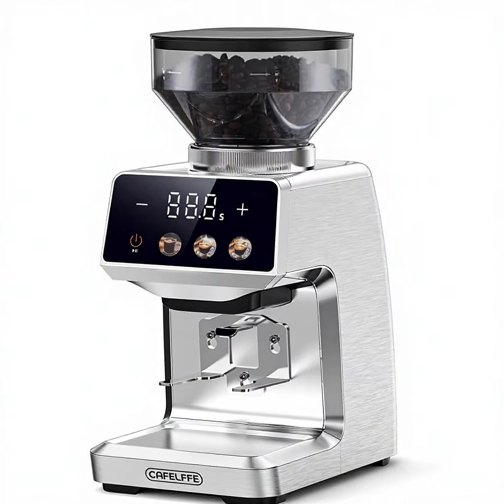 Electric Portable Coffee Grinder with Stainless Steel Burrs, 51mm/58mm, Electronic Timer, 250g Capacity