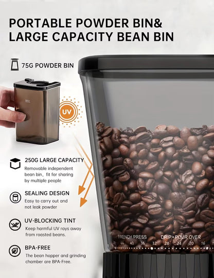 CAFELFFE Electric Coffee Grinder with Strainer Container, 48 Adjustable Grinding Settings, Antistatic Function, Durable Plastic and Metal Construction