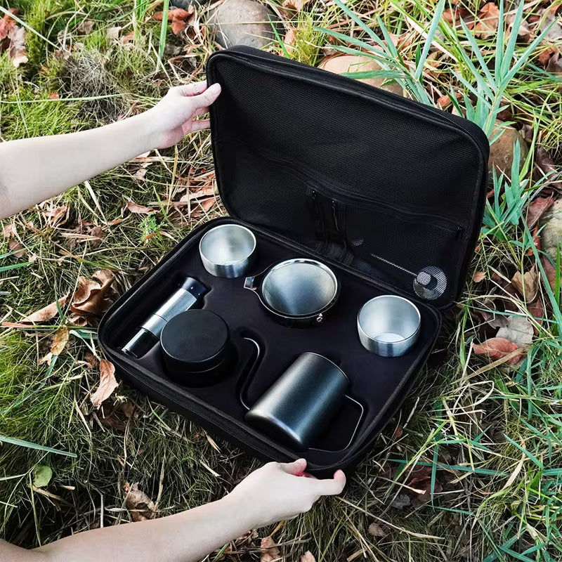 8PCS Portable Pour over Coffee Maker Kit Travel Camping Gift Box Set Stainless Steel Components Ideal for Coffee Lovers Outdoor