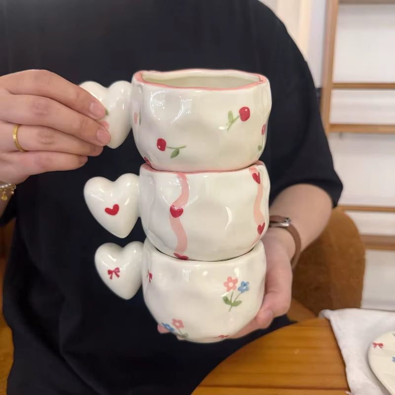 Ins Korean Style Hand-Painted Irregular Ceramic Coffee Cup Heart Shape Handle Latte Cup High-Value Breakfast Cupcake Tool