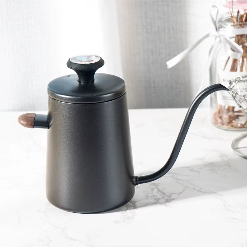 350Ml Short Wooden Handle Double Wall Stainless Steel Coffee Kettle with Thermometer Pour over Gooseneck Kettle Coffee Kettle