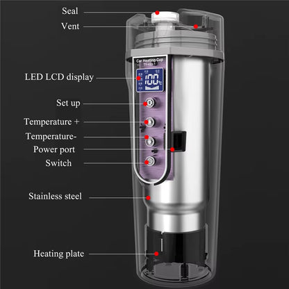 350ML Electric Heated Travel Mug with Real-Time Temperature Display, 12/24V Stainless Steel Coffee Kettle
