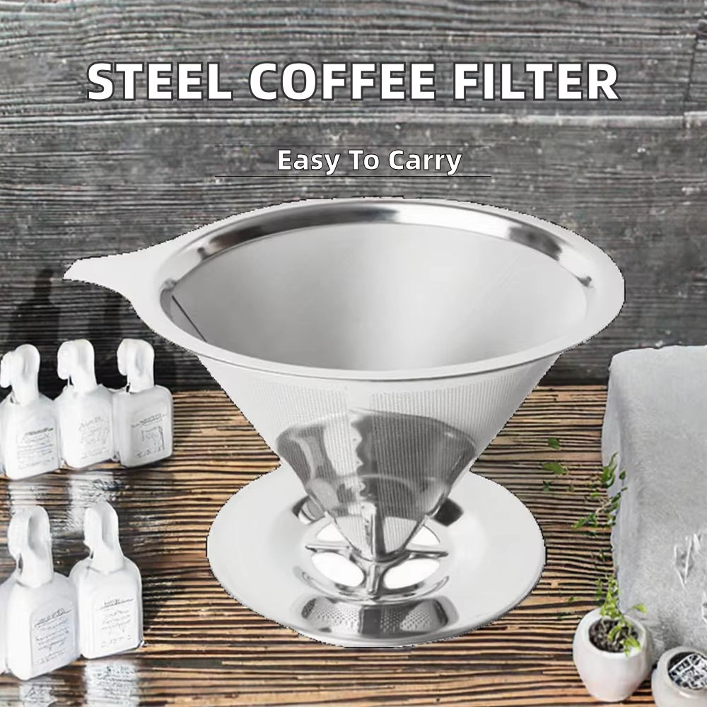 Portable American-Style Stainless Steel Coffee Filter Pour-Over Funnel with Reusable Mesh Basket - 300ml Capacity for Drip Tea Brewing in the Kitchen