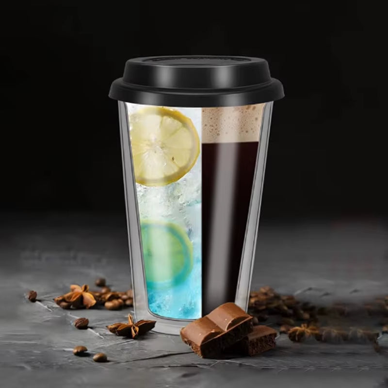 Double Wall Heat-Resistant Glass Coffee Cup with Black Silicone Leak-Proof Lid, Ideal for Car Cup Holders