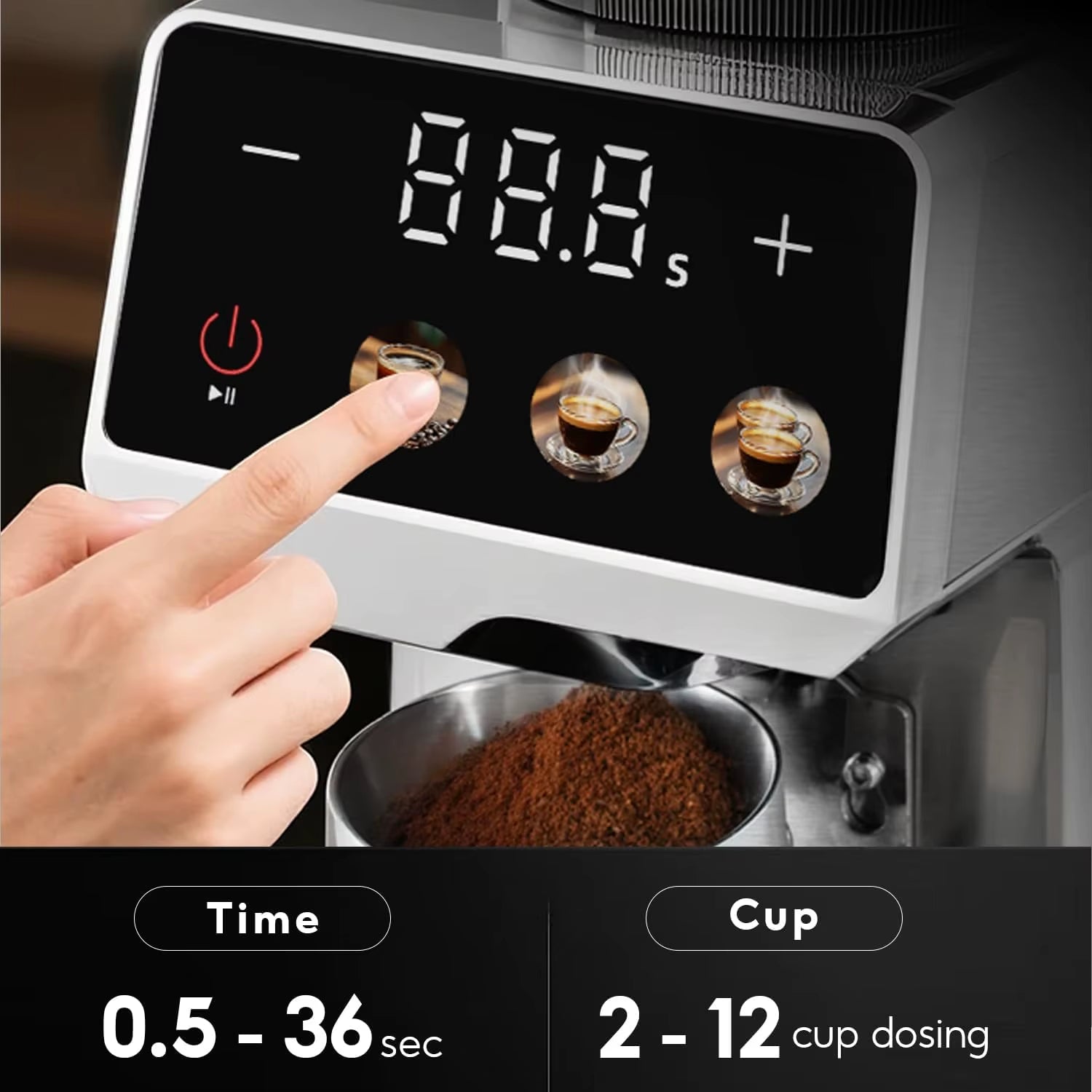 Electric Portable Coffee Grinder with Stainless Steel Burrs, 51mm/58mm, Electronic Timer, 250g Capacity