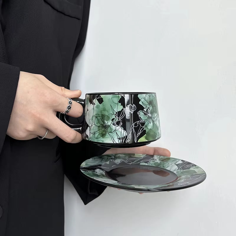 Bloomsip Vintage Green Floral Porcelain Food Grade Coffee Cup Saucer Set Botanical Pattern Black Tea Wholesale Custom Logo OEM