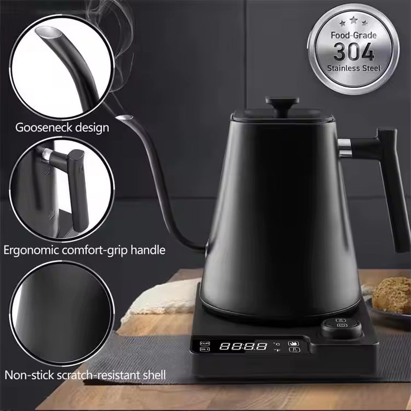 304 Stainless Steel 0.9L Black Digital Smart Pour over Coffee Tea 360 Degree Rotational Base Electric Gooseneck Kettle