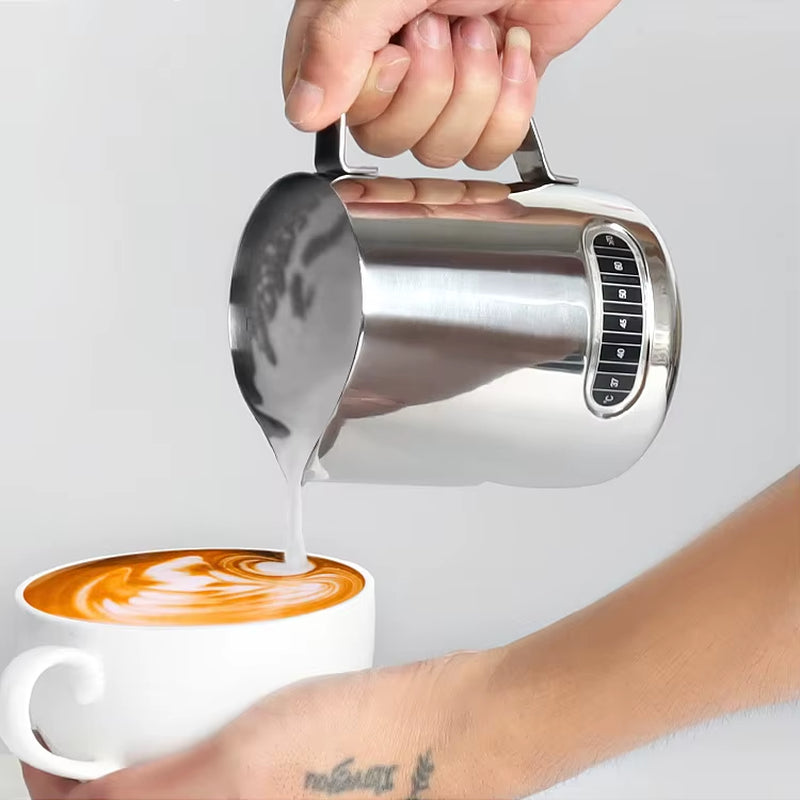 Stainless Steel Milk Frothing Pitcher with Precision Spout - Professional Grade Measuring Cup for Coffee Art
