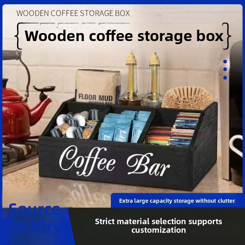 Modern Minimalist Wooden Coffee Cup and Teabag Storage Box with Dividers for Office Desktop Organization