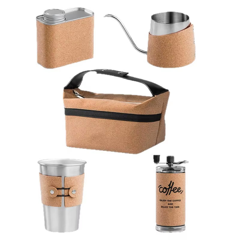 High-End Light Luxury Retro Brushed/Polished Hand-Brewed Coffee Pot Gift Set Custom Hand-Cranked Grinder Outdoor Coffee Set