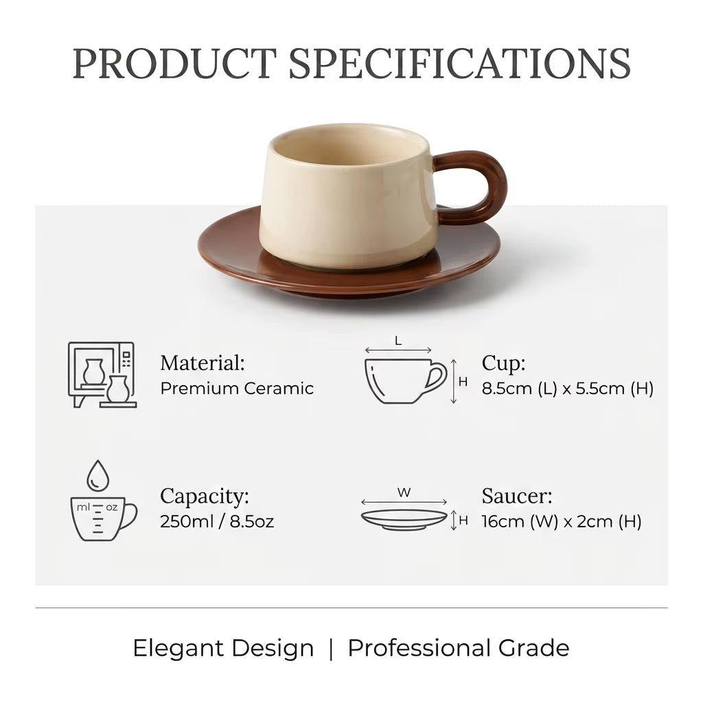 Wholesale Nordic Food Grade Ceramic Coffee Cups Saucer Set 250Ml Porcelain Beige Striped Pattern Dishwasher Microwave Safe Gift