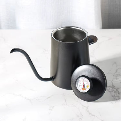 350Ml Short Wooden Handle Double Wall Stainless Steel Coffee Kettle with Thermometer Pour over Gooseneck Kettle Coffee Kettle
