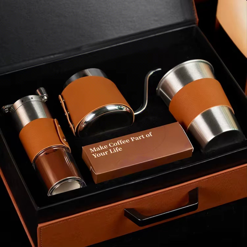 High-End Light Luxury Retro Brushed/Polished Hand-Brewed Coffee Pot Gift Set Custom Hand-Cranked Grinder Outdoor Coffee Set