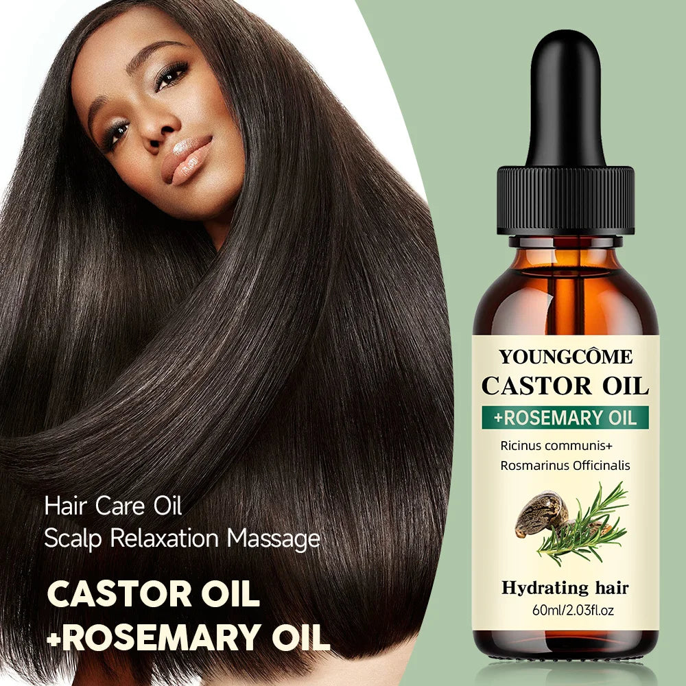 Castor Oil and Rosemary Oil Blend for Improved Hair Growth, Thickness, and Luster - Minimizes Hair Loss and Split Ends